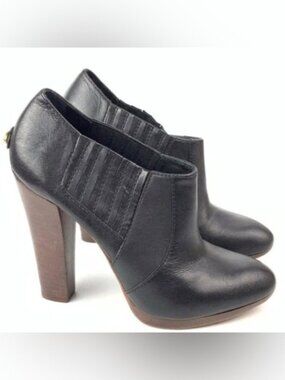 BCBG MaxAzria leather ankle boots block platform wooden heel black brown US 8B